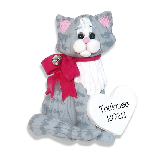 Gray & White KITTY CAT Personalized Christmas Ornament