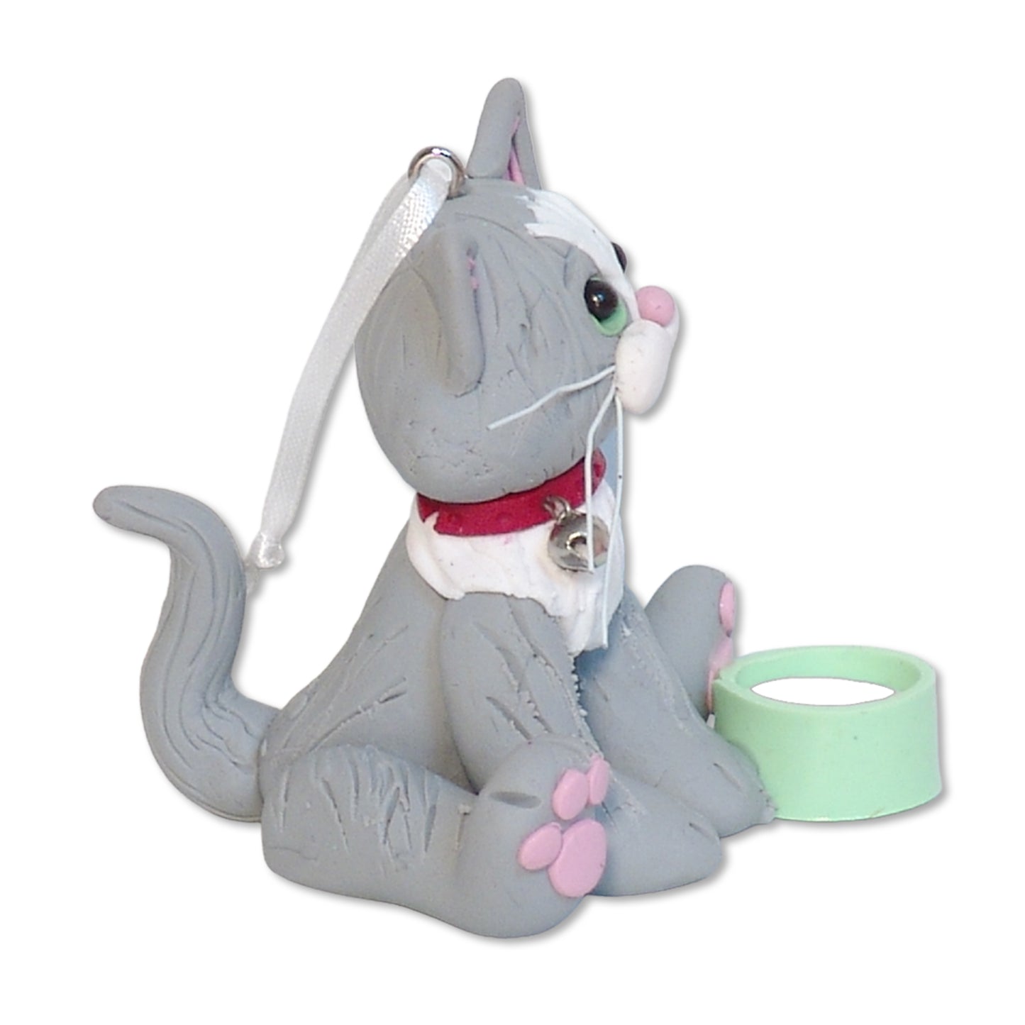 Gray & White KITTY CAT HANDMADE Polymer Clay Personalized Ornament