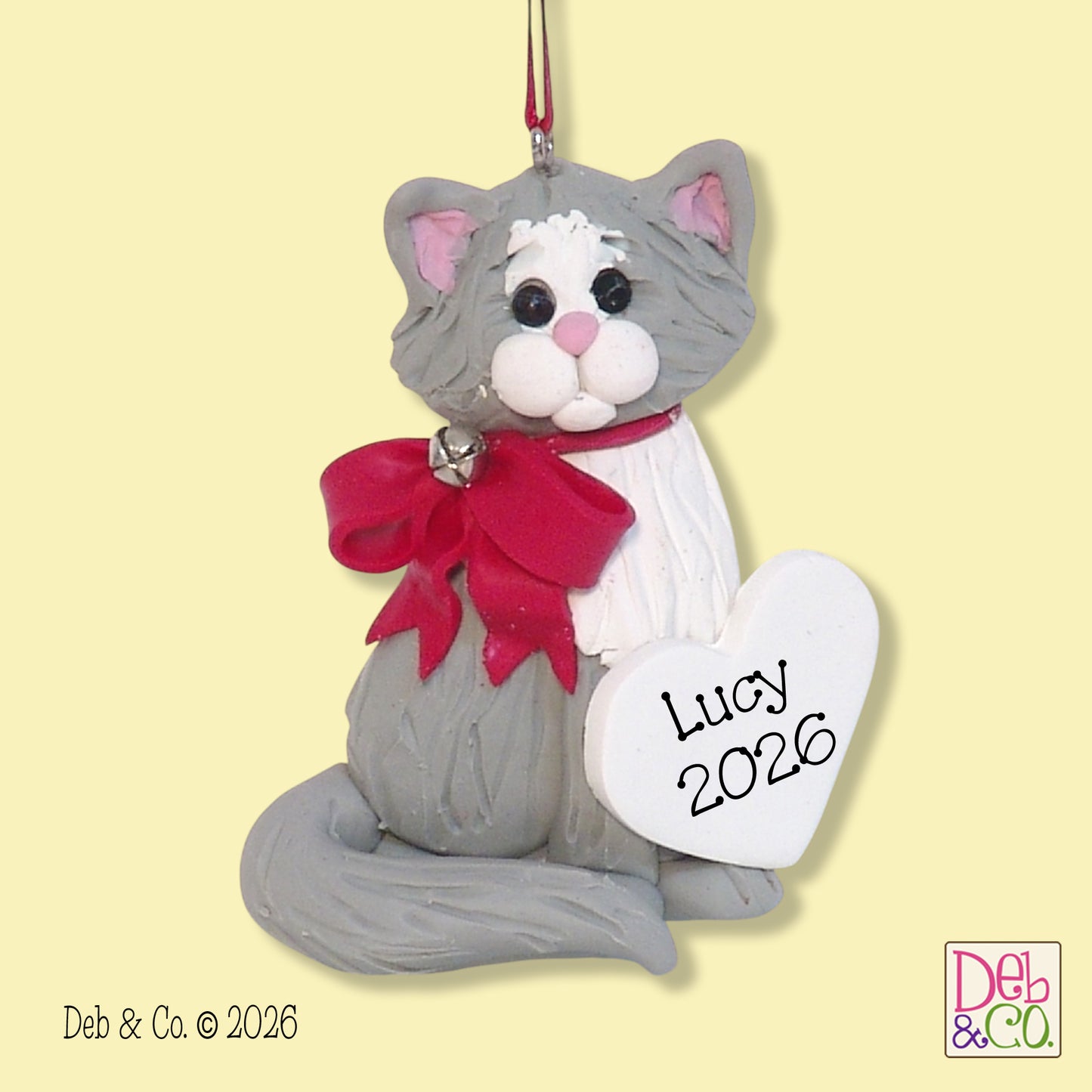 Gray & White KITTY CAT Personalized Christmas Ornament