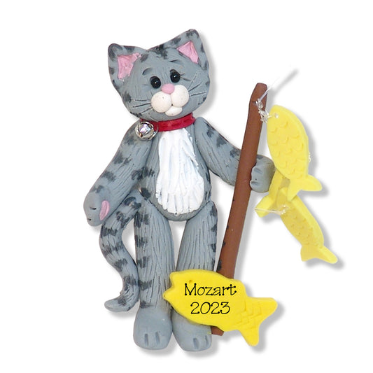 Gray tabby Kitty Cat Fishing Personalized Ornament