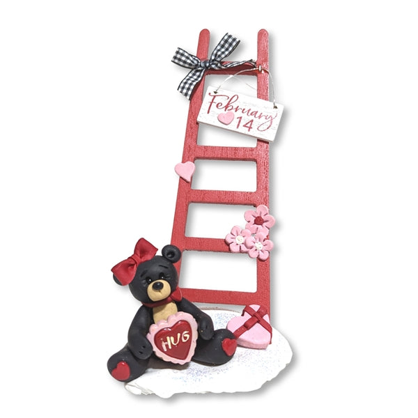 Black Bear Girl with Wooden Ladder Handmade Polymer Clay Figurine