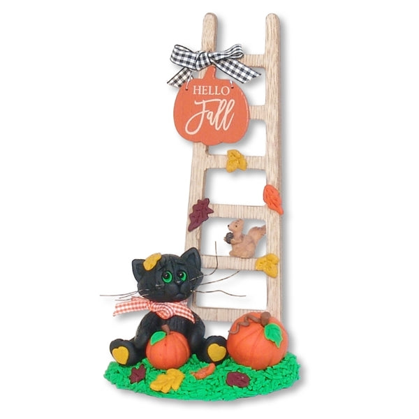 Spooky's "Hello Fall" Handmade Black Cat with Wooden Ladder