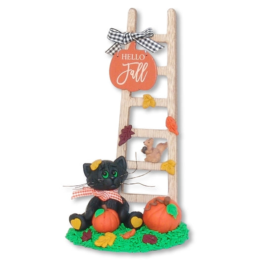 Spooky's "Hello Fall" Handmade Black Cat with Wooden Ladder