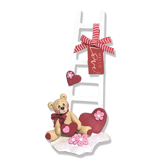 Tan Bear with Wooden Ladder Handmade Polymer Clay Figurine
