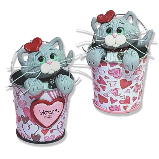 Gray Kitty Cat in Valentine Bucket Handmade Figurine
