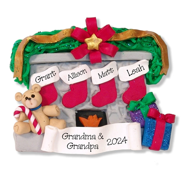 Fireplace w/Bear & 4 Stockings Family Ornament
