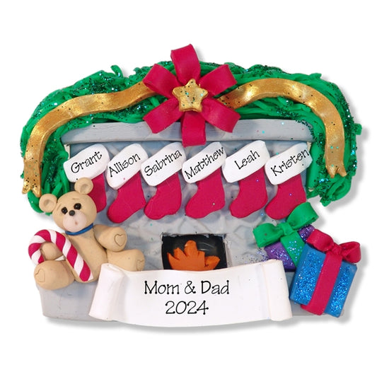 Fireplace w/Bear & 6 Stockings Personalized Family Ornament
