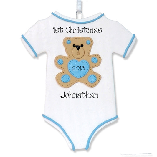 Onesie w/Teddy Bear for Boy Baby's 1st Christmas Ornament  - Limited Edition
