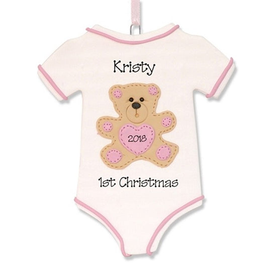 Onesie w/Teddy Bear for Girl Baby's 1st Christmas Ornament  - Limited Edition