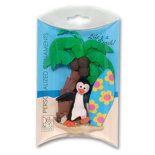 Petey Penguin with Surfboard Personalized Ornament - in Custom Gift Box
