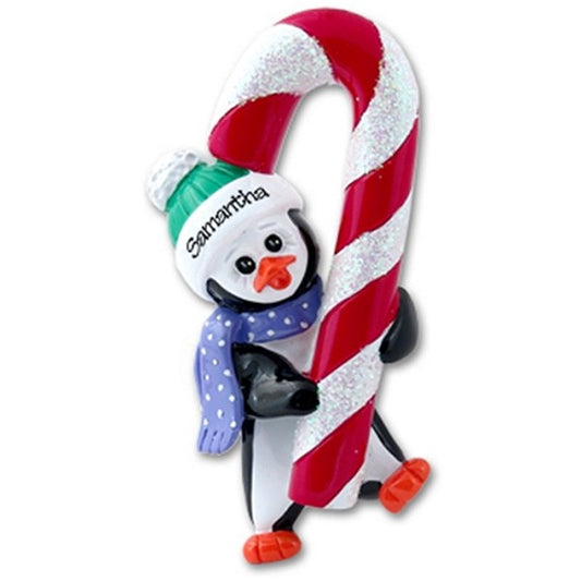Petey Penguin w/Candy Cane Personalized Christmas Ornament - RESIN