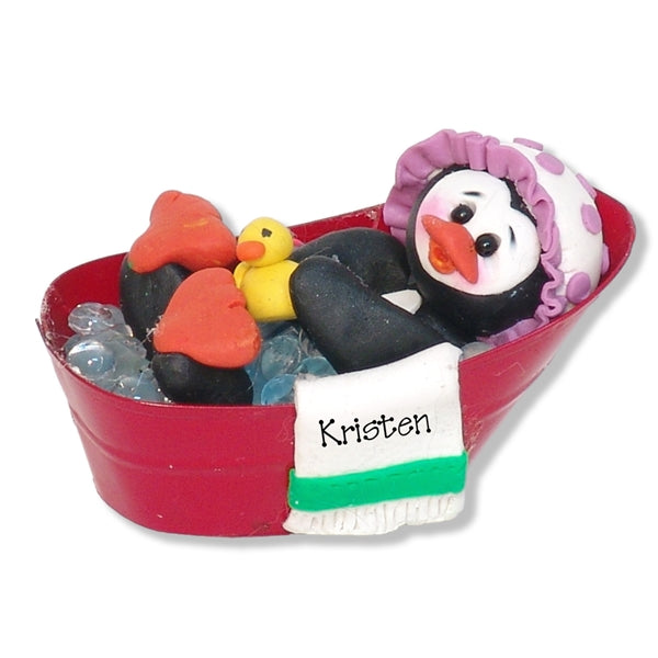 Petey Penguin in Bathtub Personalized Ornament