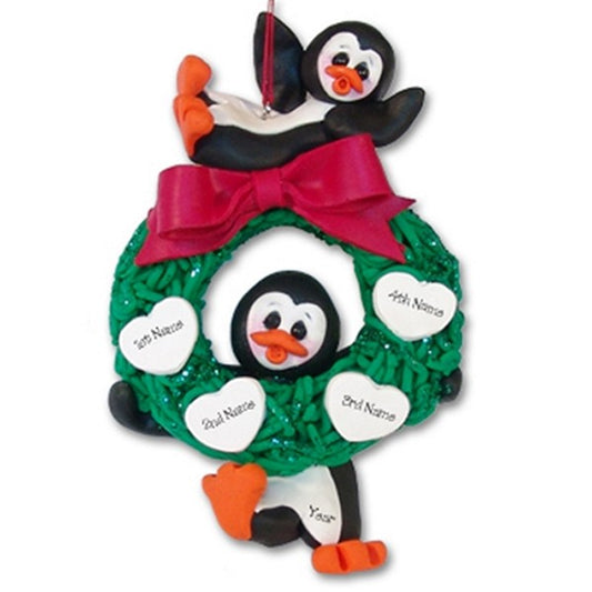 Penguin Couple w/Wreath and 4 Hearts Personalized Ornament Limited Edition