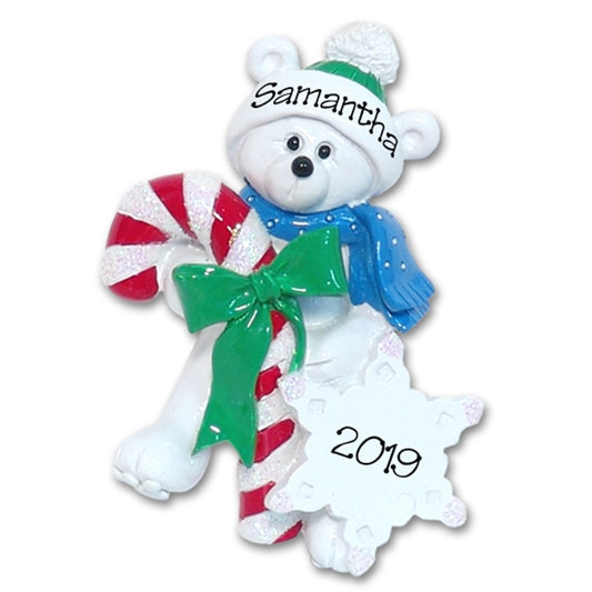 Polar Bear w/Candy Cane Personalized Christmas Ornament