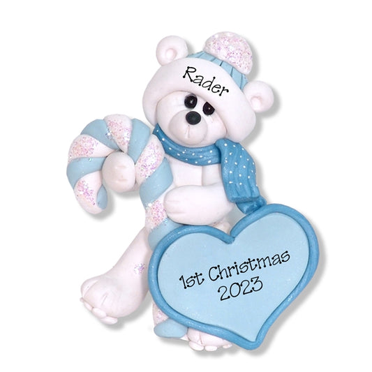 Polar Bear w/Candy Cane & Heart Personalized Baby Ornament