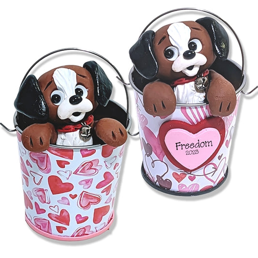 Brown Puppy Dog in Valentine Bucket Handmade Figurine