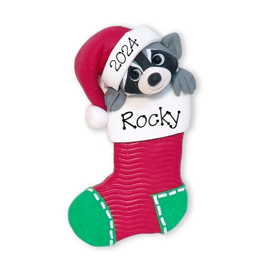 Rocky Raccoon in Stocking Personalized Christmas Ornament