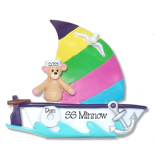Sailboat w/1 Bear Personalized Family Ornament - RESIN