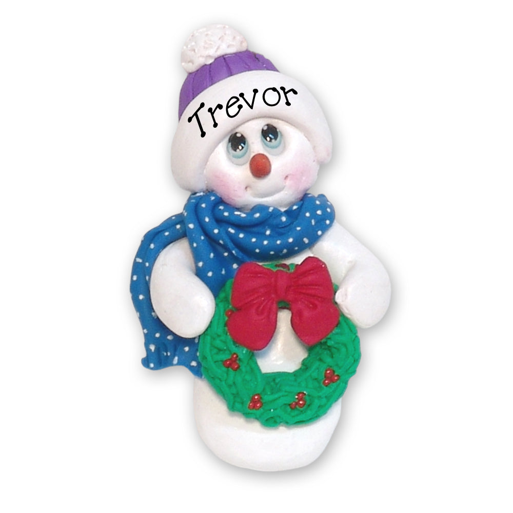 Snowman with Wreath Personalized Ornament
