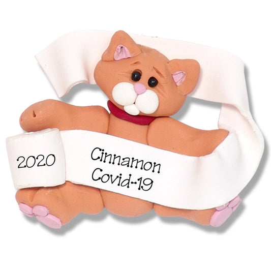 Orange Tabby Covid-19 KITTY CAT w/Toilet Paper HANDMADE Polymer Clay Ornament