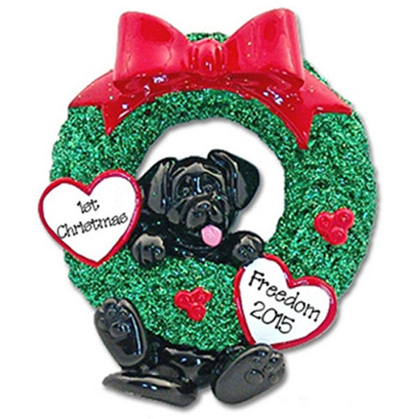 Black Lab<br>Hanging in Wreath<br>Personalized Dog Ornament