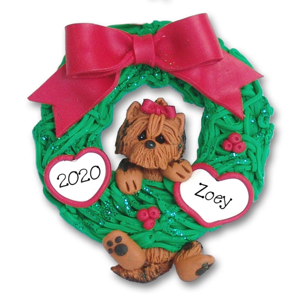 Yorkie Hanging in Wreath Personalized Dog Ornament - Limited Edition