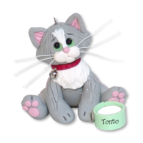 Gray & White KITTY CAT HANDMADE Polymer Clay Personalized Ornament