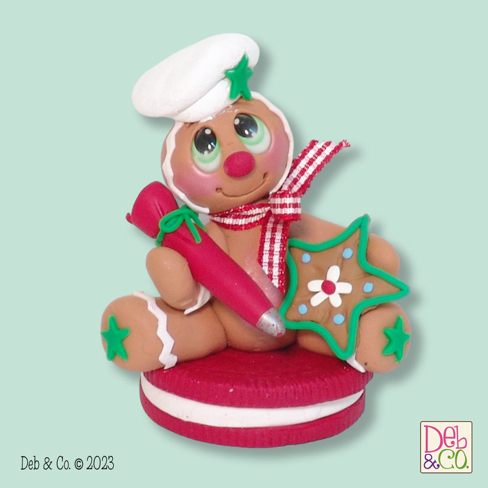 Gingerbread Clay Figure on Red Cookie HANDMADE POLYMER CLAY Christmas Figurine