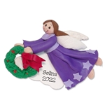 Flying Purple Angel w/Brown Hair & Wreath Personalized Ornament - Limited Edition