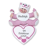 Baby Girl on Heart w/Kitty Hat Personalized 1st Christmas Ornament