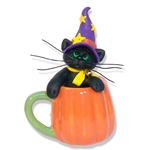 Black Cat in Ceramic Pumpkin Mug Halloween Figurine