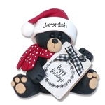 Sitting Black Bear with "Happy Holidays" Sign - Handmade Polymer Clay