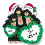 Black Bear Family of 3 with Christmas Hearts  Personalized Family Ornament - Custom Ornament