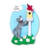 Gray Kitty Cat with Bird & Birdhouse Handmade Ornament