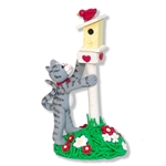 Gray Kitty Cat with Bird & Birdhouse Handmade Figurine
