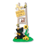 "Spooky's Sunflowers" Handmade Black Cat with Wooden Ladder