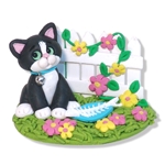 Kitty Cat in Yard with Picket Fence Handmade Figurine