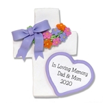 White Cross w/Wreath, Flowers & Heart Personalized Memorial Ornament