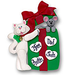 Cat w/Gift Box & 4 Hearts<br>Personalized Family Ornament