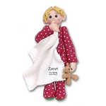 BLONDE  Little Boy Toddler w/Blanket and Red Pajamas - Personalized Ornament  in Custom Gift Box