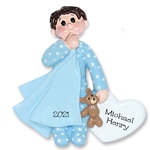 Brunette Little Boy Toddler w/Blanket and Blue Pajamas -  Personalized Ornament  - RESIN