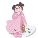 Brunette Little Girl Toddler w/Blanket and Pink Pajamas -  Personalized Ornament  - RESIN