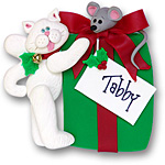White Cat w/Gift Box<br>Personalized Cat Ornament