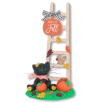 Spooky's "Hello Fall" Handmade Black Cat with Wooden Ladder