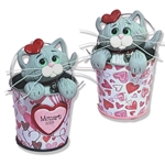 Gray Kitty Cat in Valentine Bucket Handmade Figurine