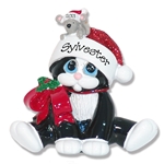 Black & White Tuxedo Kitty Cat with Mouse in Hat Personalized Cat Ornament - RESIN