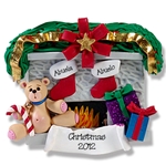 Fireplace w/Bear & 2 Stockings Personalized Family Ornament
