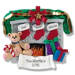 Fireplace w/Bear & 3 Stockings Personalized Family Ornament