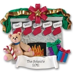 Fireplace w/Bear & 5 Stockings Personalized Family Ornament