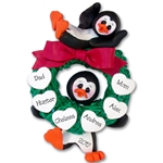 Penguin Couple w/Wreath and 6 Hearts Personalized Ornament Limited Edition